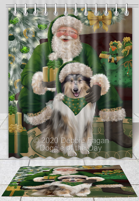 Christmas Irish Santa with Gift Rough Collie Dog Bath Mat and Shower Curtain Combo