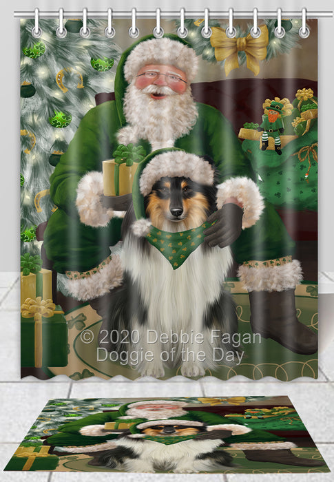 Christmas Irish Santa with Gift Rough Collie Dog Bath Mat and Shower Curtain Combo