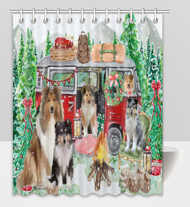 Christmas Time Camping with Rough Collie Dogs Shower Curtain Pet Painting Bathtub Curtain Waterproof Polyester One-Side Printing Decor Bath Tub Curtain for Bathroom with Hooks