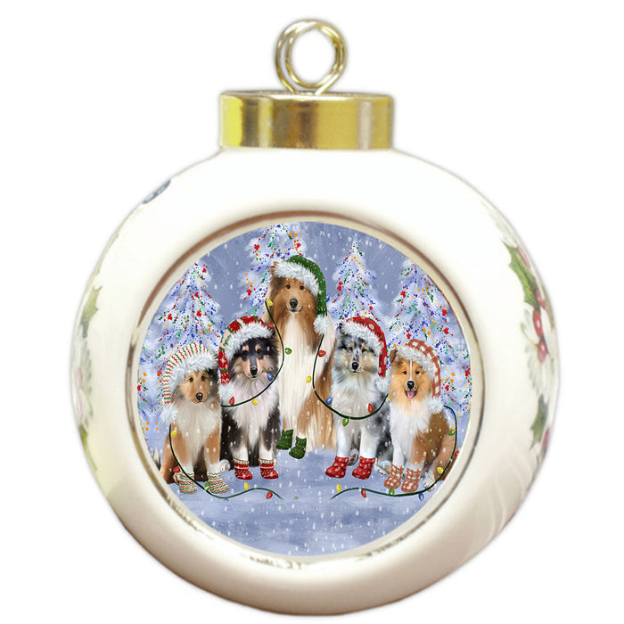 Christmas Lights and Rough Collie Dogs Round Ball Christmas Ornament Pet Decorative Hanging Ornaments for Christmas X-mas Tree Decorations - 3" Round Ceramic Ornament