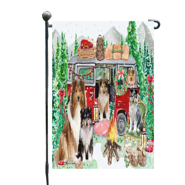 Christmas Time Camping with Rough Collie Dogs Garden Flags- Outdoor Double Sided Garden Yard Porch Lawn Spring Decorative Vertical Home Flags 12 1/2"w x 18"h