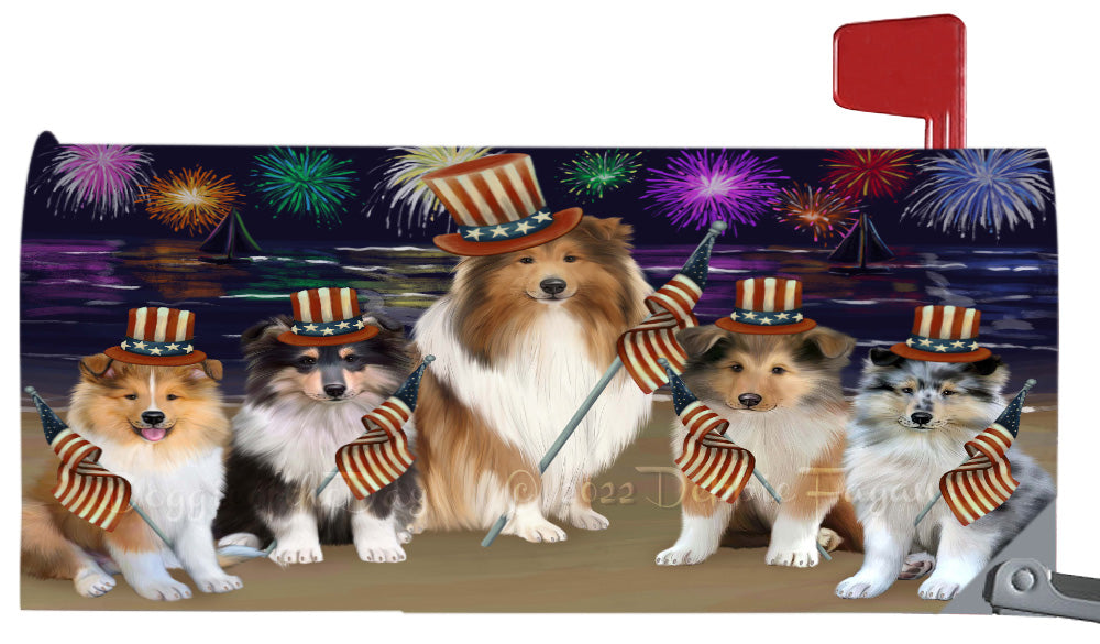 4th of July Independence Day Rough Collie Dogs Magnetic Mailbox Cover Both Sides Pet Theme Printed Decorative Letter Box Wrap Case Postbox Thick Magnetic Vinyl Material