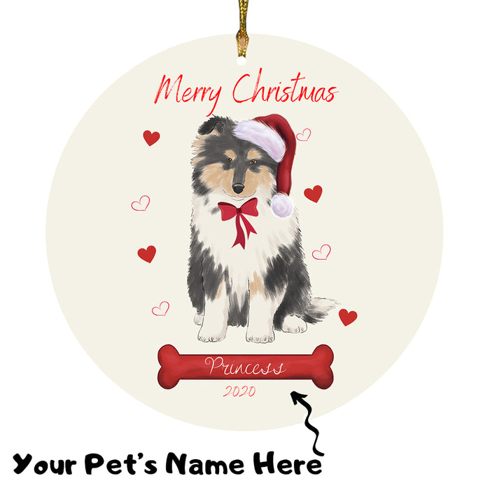 Personalized Merry Christmas  Rough Collie Dog Christmas Tree Round Flat Ornament RBPOR58999