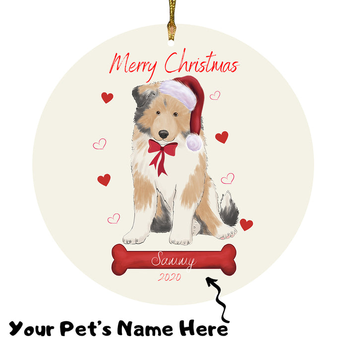 Personalized Merry Christmas  Rough Collie Dog Christmas Tree Round Flat Ornament RBPOR59000