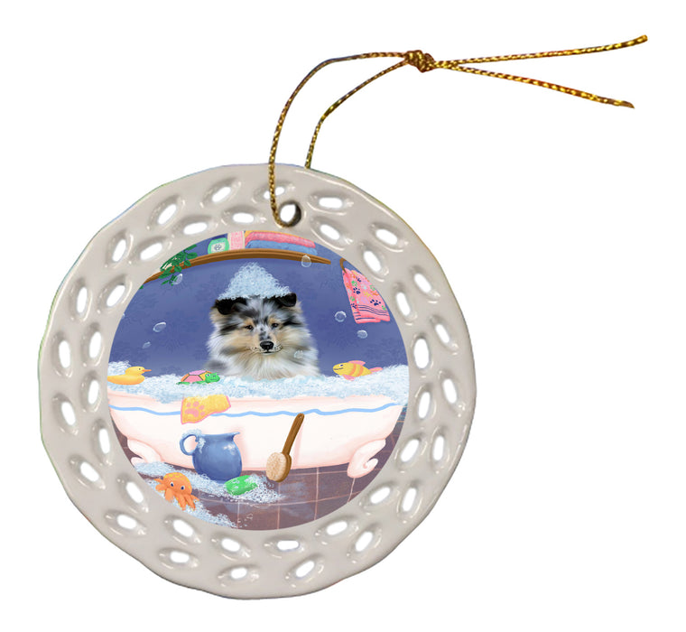 Rub A Dub Dog In A Tub Rough Collie Dog Doily Ornament DPOR58320