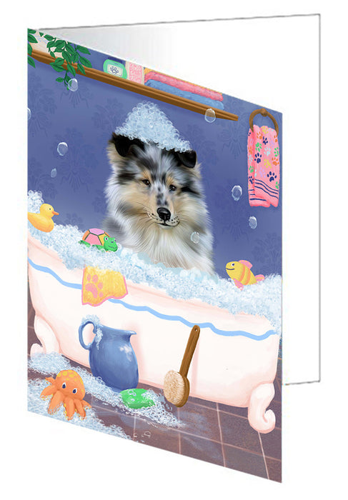 Rub A Dub Dog In A Tub Rough Collie Dog Handmade Artwork Assorted Pets Greeting Cards and Note Cards with Envelopes for All Occasions and Holiday Seasons GCD79601