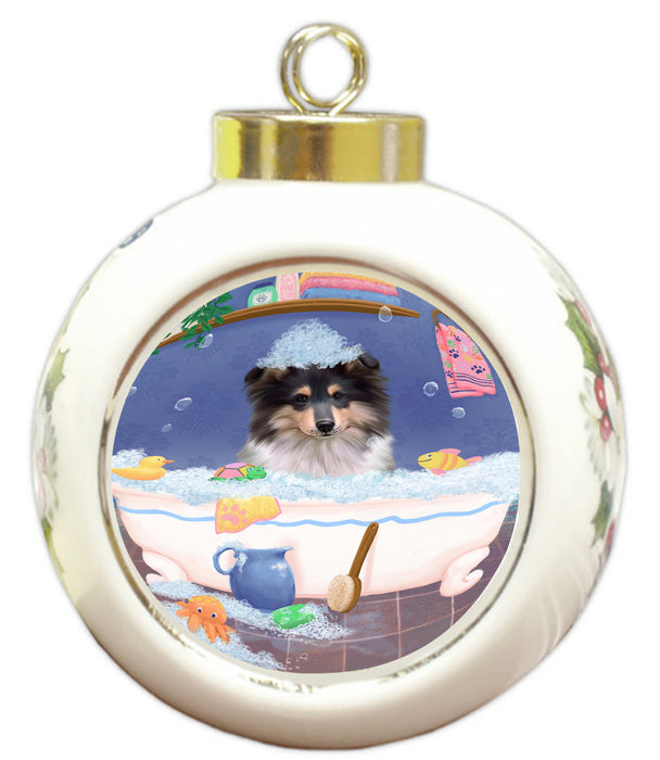Rub A Dub Dog In A Tub Rough Collie Dog Round Ball Christmas Ornament RBPOR58654