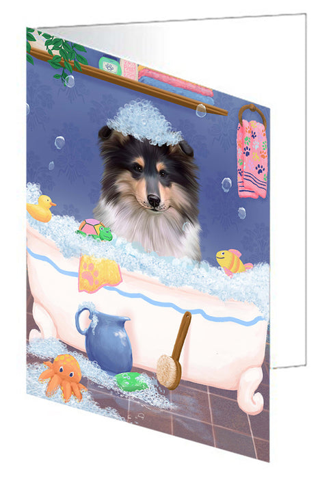 Rub A Dub Dog In A Tub Rough Collie Dog Handmade Artwork Assorted Pets Greeting Cards and Note Cards with Envelopes for All Occasions and Holiday Seasons GCD79604