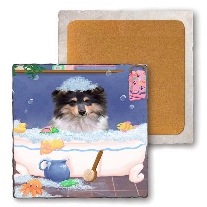 Rub A Dub Dog In A Tub Rough Collie Dog Set of 4 Natural Stone Marble Tile Coasters MCST52430