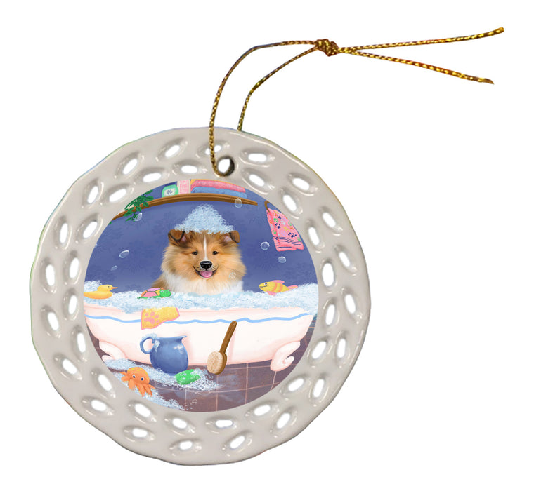 Rub A Dub Dog In A Tub Rough Collie Dog Doily Ornament DPOR58322