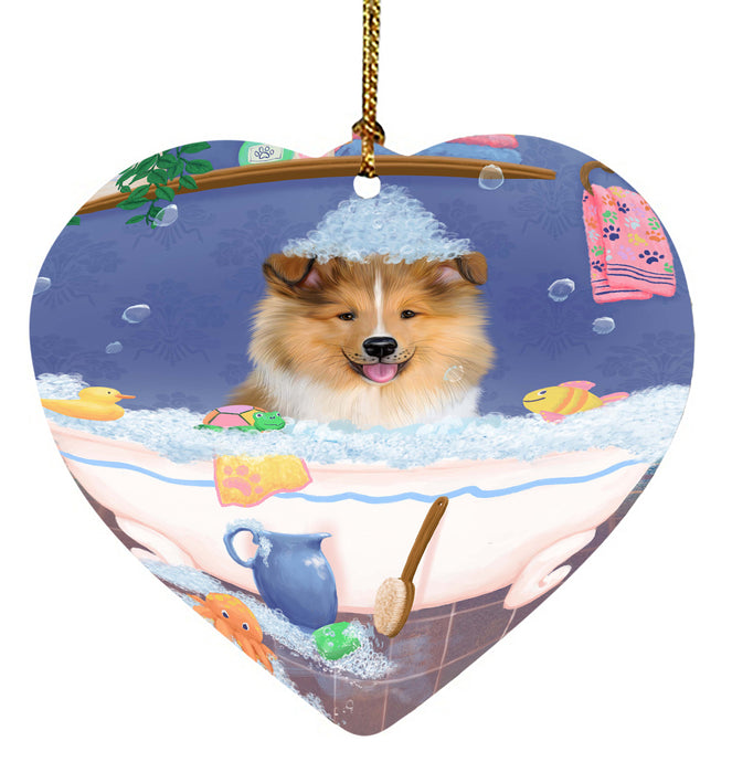 Rub A Dub Dog In A Tub Rough Collie Dog Heart Christmas Ornament HPORA58671