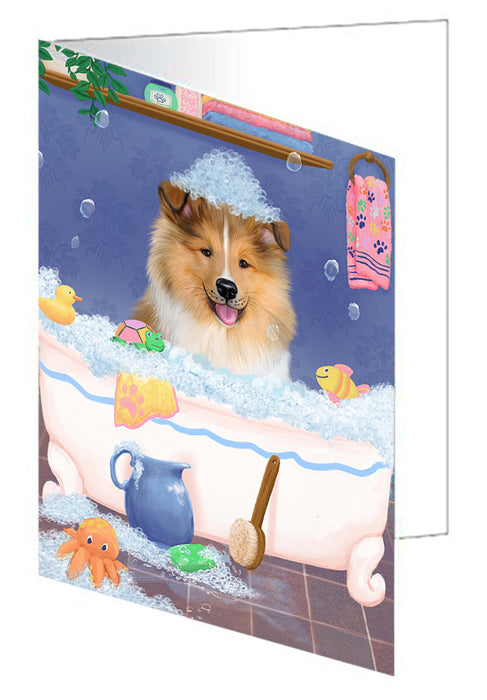 Rub A Dub Dog In A Tub Rough Collie Dog Handmade Artwork Assorted Pets Greeting Cards and Note Cards with Envelopes for All Occasions and Holiday Seasons GCD79607