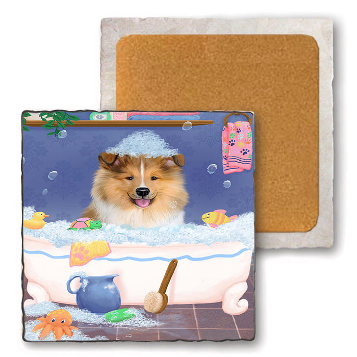 Rub A Dub Dog In A Tub Rough Collie Dog Set of 4 Natural Stone Marble Tile Coasters MCST52431