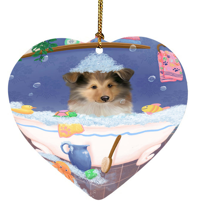 Rub A Dub Dog In A Tub Rough Collie Dog Heart Christmas Ornament HPORA58672