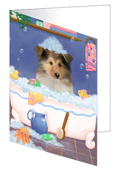 Rub A Dub Dog In A Tub Rough Collie Dog Handmade Artwork Assorted Pets Greeting Cards and Note Cards with Envelopes for All Occasions and Holiday Seasons GCD79610