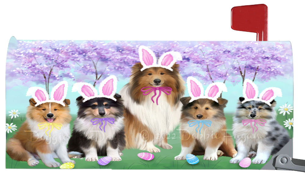 Easter Holiday Family Rough Collie Dog Magnetic Mailbox Cover Both Sides Pet Theme Printed Decorative Letter Box Wrap Case Postbox Thick Magnetic Vinyl Material