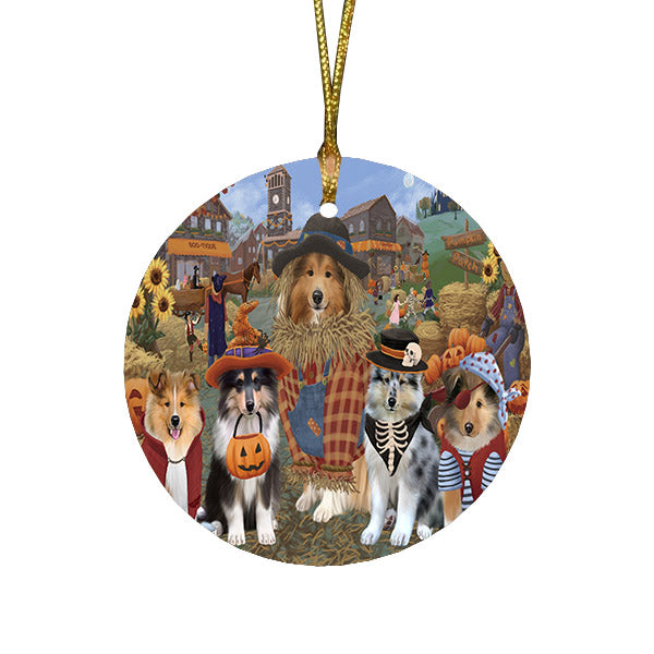 Halloween 'Round Town And Fall Pumpkin Scarecrow Both Rough Collie Dogs Round Flat Christmas Ornament RFPOR57600