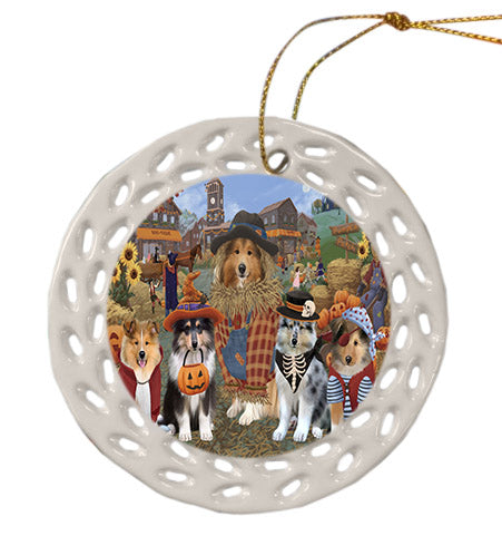 Halloween 'Round Town Rough Collie Dogs Ceramic Doily Ornament DPOR57696