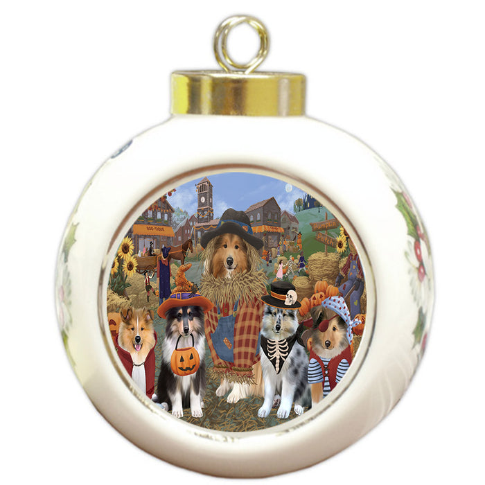 Halloween 'Round Town And Fall Pumpkin Scarecrow Both Rough Collie Dogs Round Ball Christmas Ornament RBPOR57600