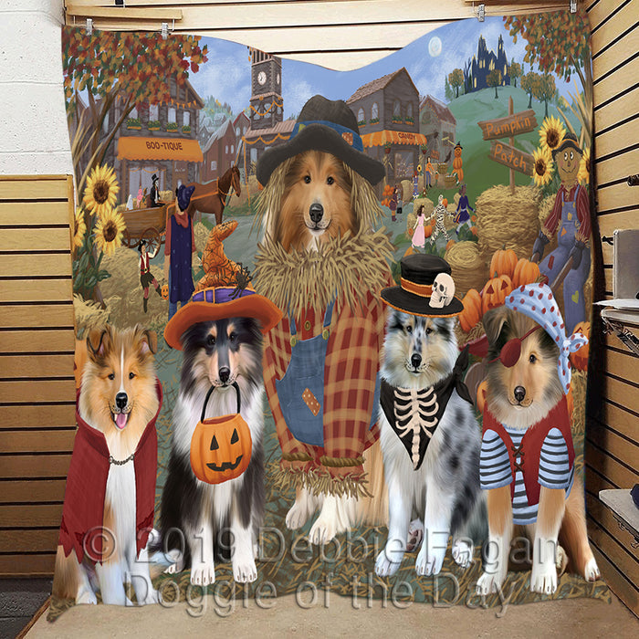 Halloween 'Round Town and Fall Pumpkin Scarecrow Both Rough Collie Dogs Quilt