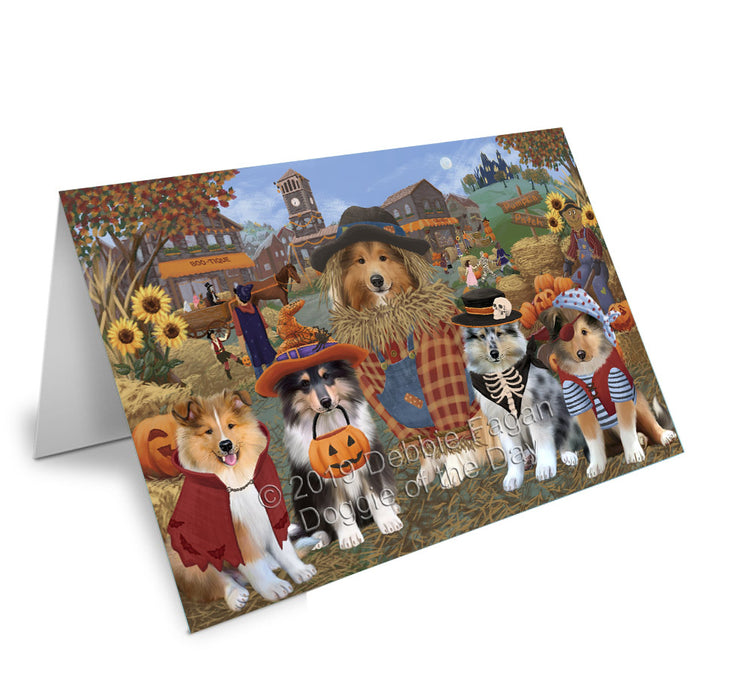 Halloween 'Round Town Rough Collie Dogs Handmade Artwork Assorted Pets Greeting Cards and Note Cards with Envelopes for All Occasions and Holiday Seasons GCD78434