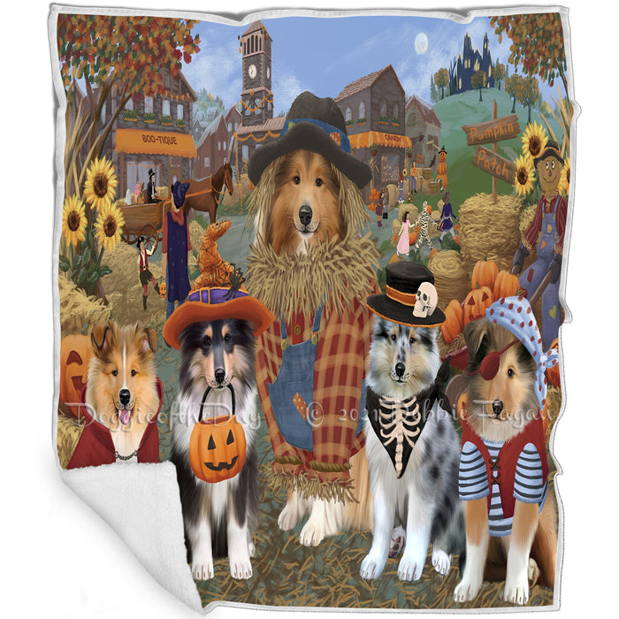 Halloween 'Round Town And Fall Pumpkin Scarecrow Both Rough Collie Dogs Blanket BLNKT143632