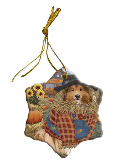 Fall Pumpkin Scarecrow Rough Collie Dogs Star Porcelain Ornament SPOR57757