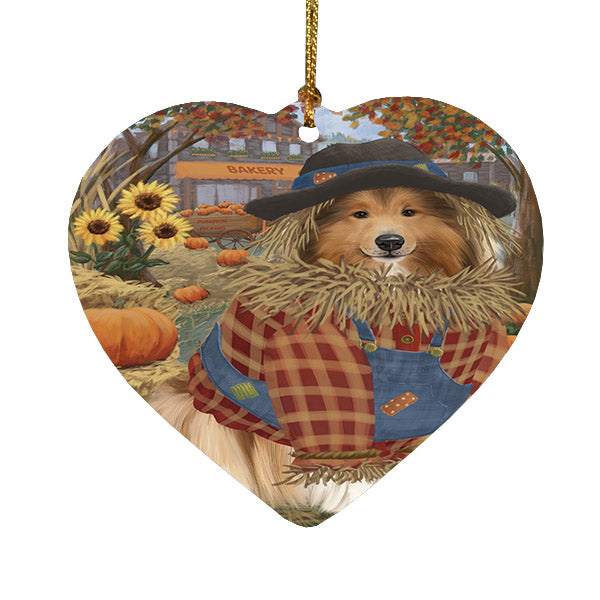 Fall Pumpkin Scarecrow Rough Collie Dogs Heart Christmas Ornament HPOR57757