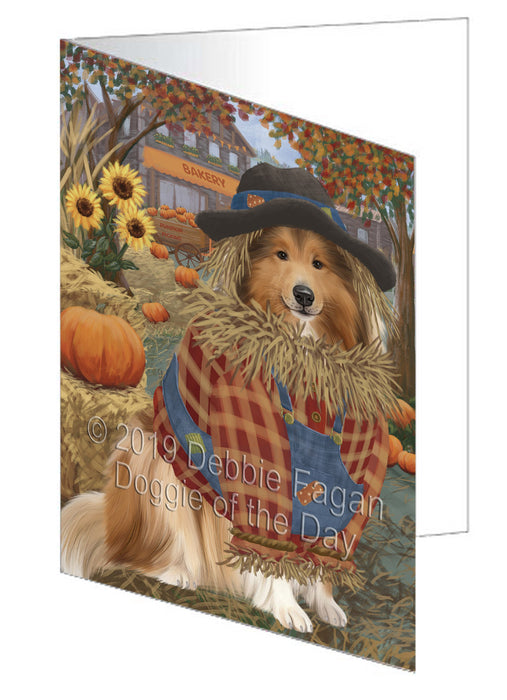 Fall Pumpkin Scarecrow Rough Collie Dogs Handmade Artwork Assorted Pets Greeting Cards and Note Cards with Envelopes for All Occasions and Holiday Seasons GCD78617