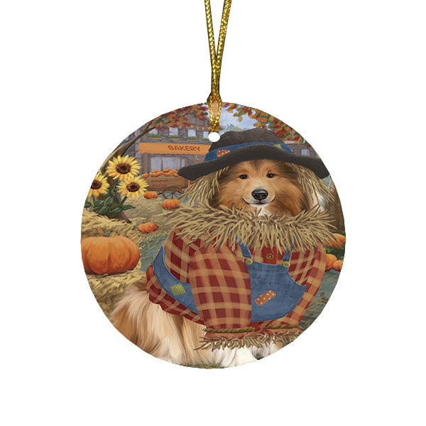 Halloween 'Round Town And Fall Pumpkin Scarecrow Both Rough Collie Dog Round Flat Christmas Ornament RFPOR57661