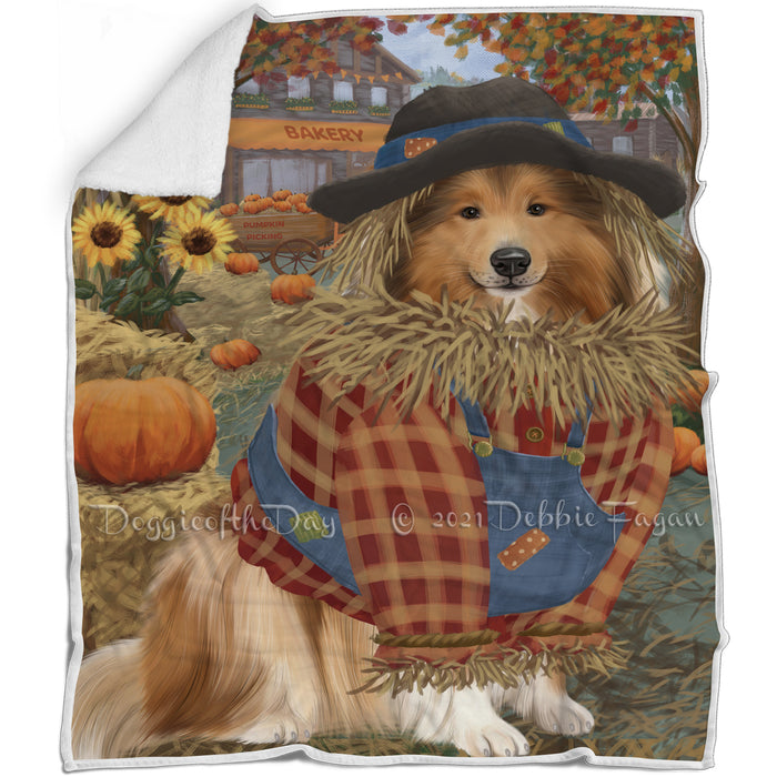 Halloween 'Round Town And Fall Pumpkin Scarecrow Both Rough Collie Dogs Blanket BLNKT143633