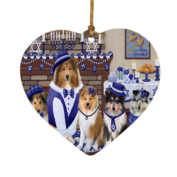 Happy Hanukkah Family Rough Collie Dogs Heart Christmas Ornament HPOR57726