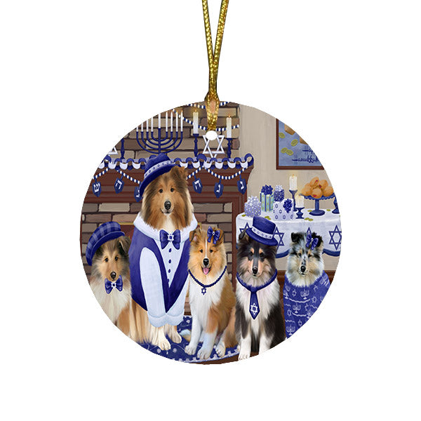 Happy Hanukkah Family and Happy Hanukkah Both Rough Collie Dogs Round Flat Christmas Ornament RFPOR57630