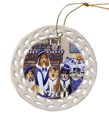 Happy Hanukkah Family Rough Collie Dogs Ceramic Doily Ornament DPOR57726