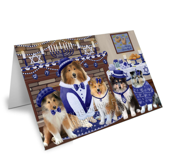 Happy Hanukkah Family Rough Collie Dogs Handmade Artwork Assorted Pets Greeting Cards and Note Cards with Envelopes for All Occasions and Holiday Seasons GCD78524