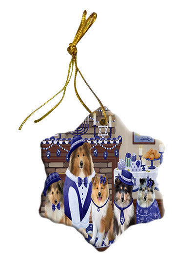 Happy Hanukkah Family Rough Collie Dogs Star Porcelain Ornament SPOR57726