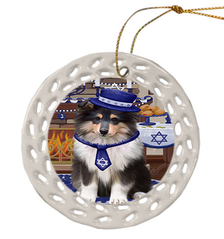 Happy Hanukkah Rough Collie Dog Ceramic Doily Ornament DPOR57787