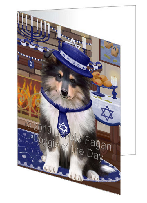 Happy Hanukkah Rough Collie Dog Handmade Artwork Assorted Pets Greeting Cards and Note Cards with Envelopes for All Occasions and Holiday Seasons GCD78707