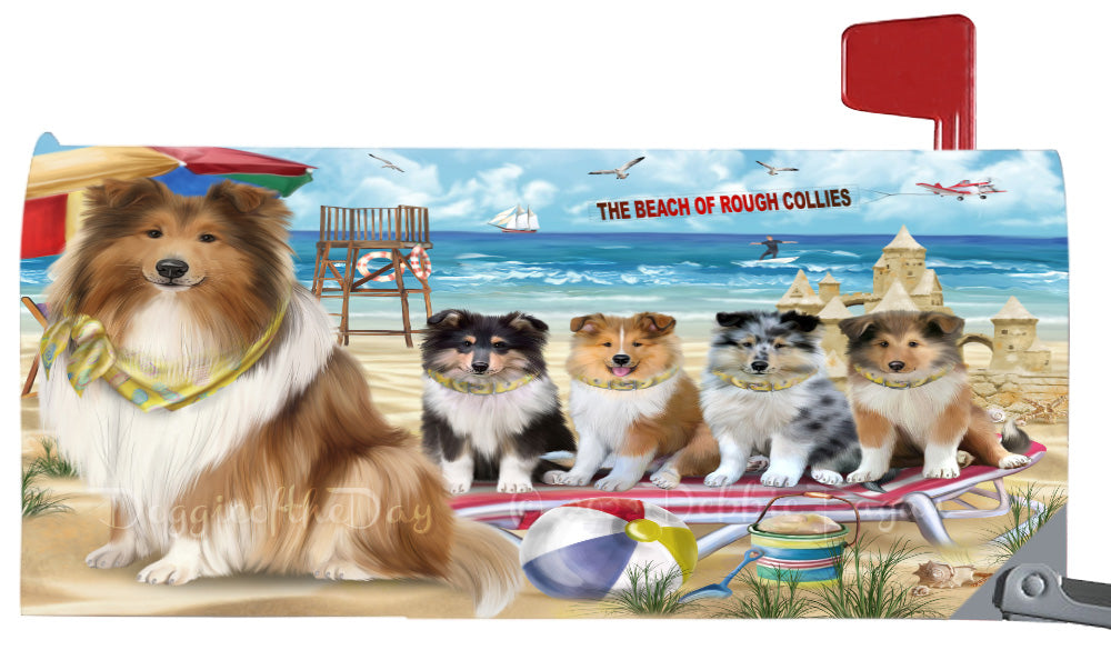 Pet Friendly Beach Rough Collie Dogs Magnetic Mailbox Cover Both Sides Pet Theme Printed Decorative Letter Box Wrap Case Postbox Thick Magnetic Vinyl Material