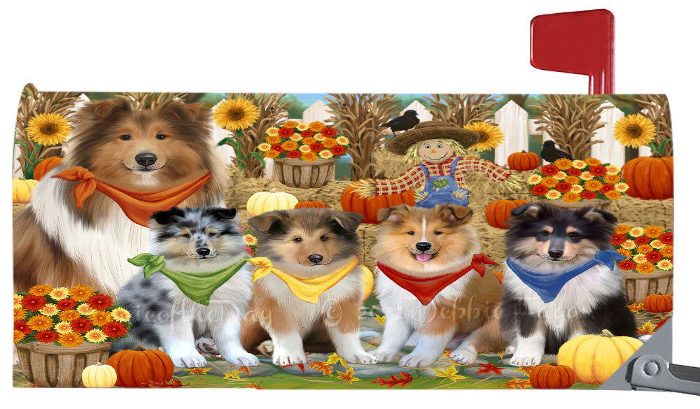 Fall Festival Gathering Rough Collie Dogs Magnetic Mailbox Cover Both Sides Pet Theme Printed Decorative Letter Box Wrap Case Postbox Thick Magnetic Vinyl Material