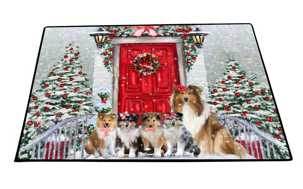 Christmas Holiday Welcome Rough Collie Dogs Floor Mat- Anti-Slip Pet Door Mat Indoor Outdoor Front Rug Mats for Home Outside Entrance Pets Portrait Unique Rug Washable Premium Quality Mat