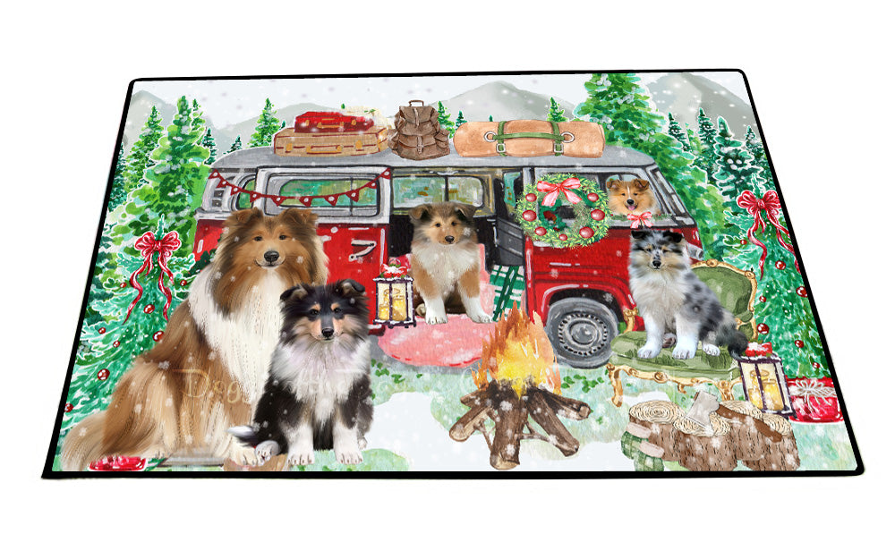 Christmas Time Camping with Rough Collie Dogs Floor Mat- Anti-Slip Pet Door Mat Indoor Outdoor Front Rug Mats for Home Outside Entrance Pets Portrait Unique Rug Washable Premium Quality Mat