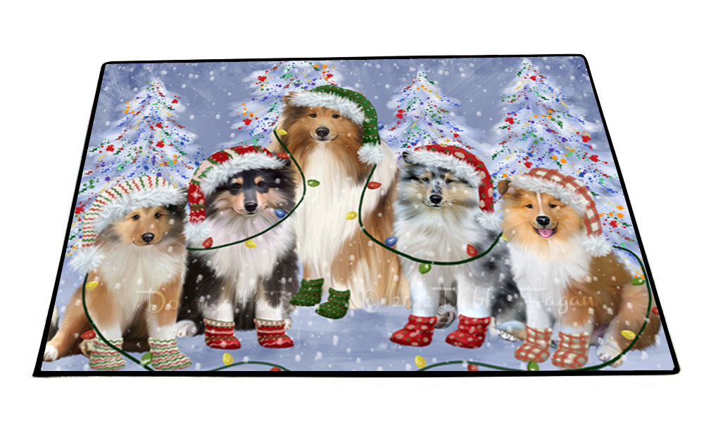 Christmas Lights and Rough Collie Dogs Floor Mat- Anti-Slip Pet Door Mat Indoor Outdoor Front Rug Mats for Home Outside Entrance Pets Portrait Unique Rug Washable Premium Quality Mat