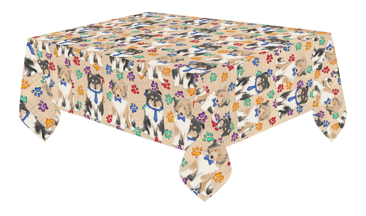 Rainbow Paw Print Rough Collie Dogs Blue Cotton Linen Tablecloth