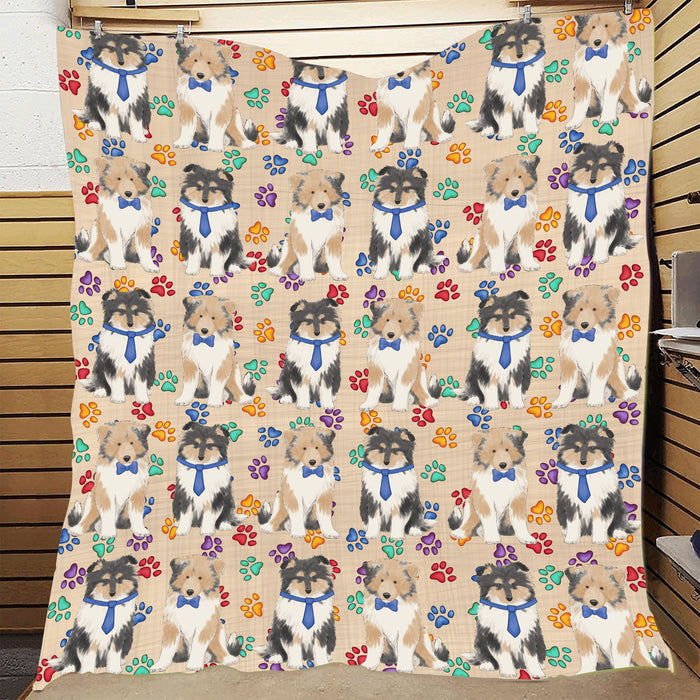 Rainbow Paw Print Rough Collie Dogs Blue Quilt
