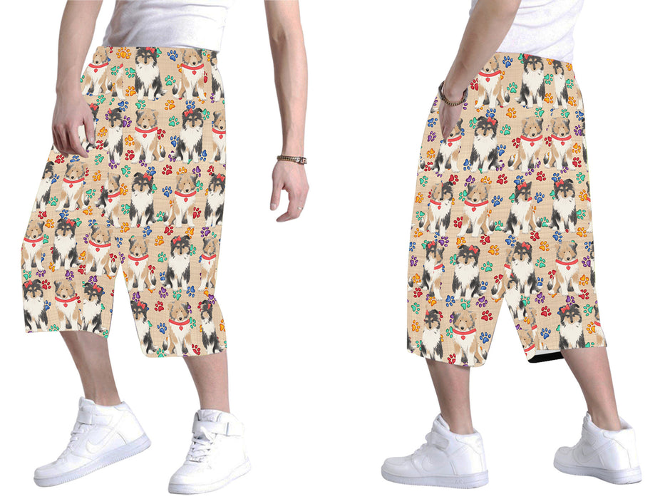 Rainbow Paw Print Rough Collie Dogs Red All Over Print Men's Baggy Shorts