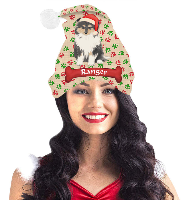 Pet Name Personalized Christmas Paw Print Rough Collie Dogs Santa Hat