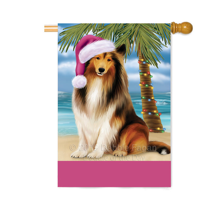 Personalized Summertime Happy Holidays Christmas Rough Collie Dog on Tropical Island Beach Custom House Flag FLG-DOTD-A60582