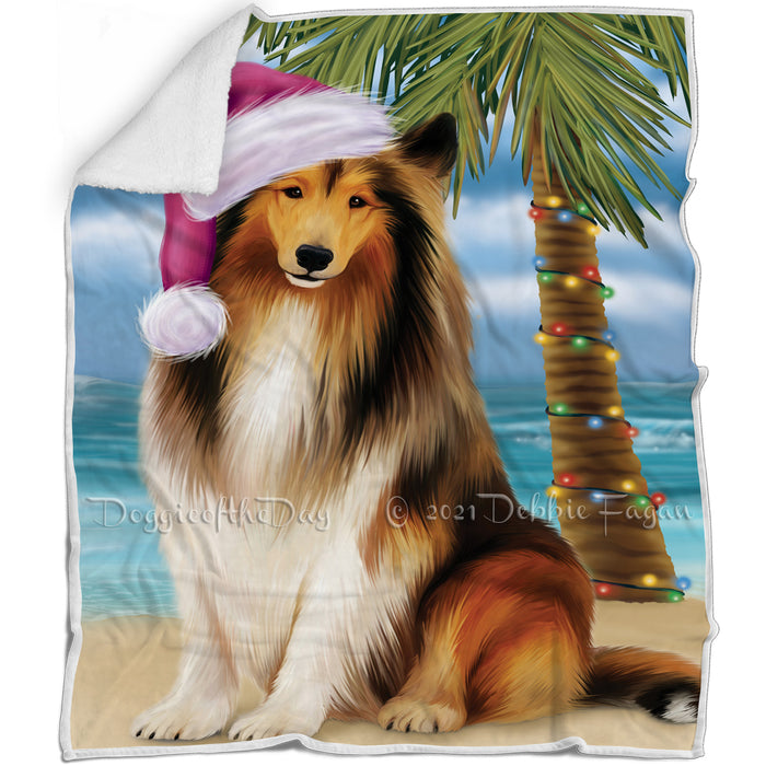 Summertime Happy Holidays Christmas Rough Collie Dog on Tropical Island Beach Blanket D135