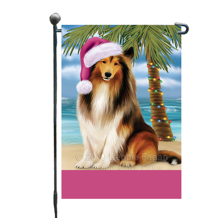 Personalized Summertime Happy Holidays Christmas Rough Collie Dog on Tropical Island Beach  Custom Garden Flags GFLG-DOTD-A60526